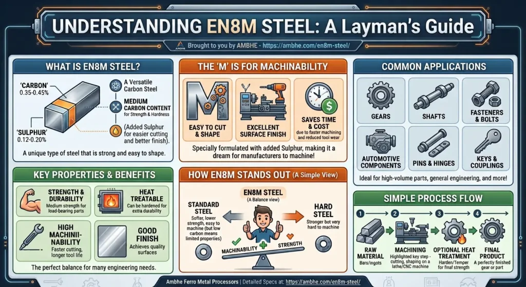 EN8M steel infographic: 0.35 to 0.45% carbon, 0.12 to 0.20% sulphur, machinability, applications and process flow from Ambhe Ferro
